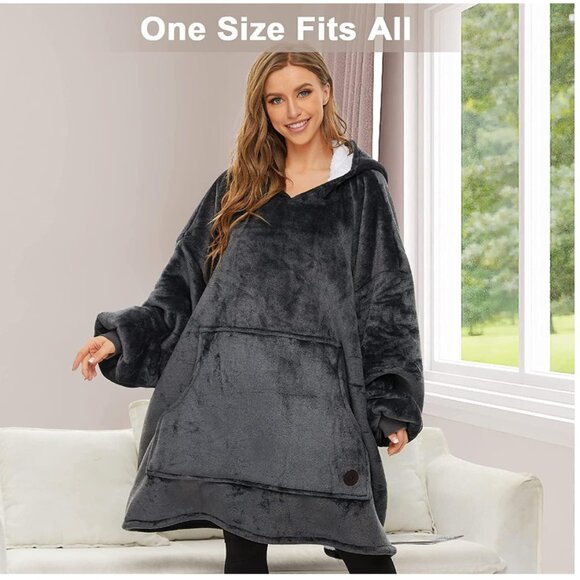 THREE POODLE Wearable Blanket Hoodie, Oversized Sherpa Blanket Sweatshirt - Picture 3 of 7